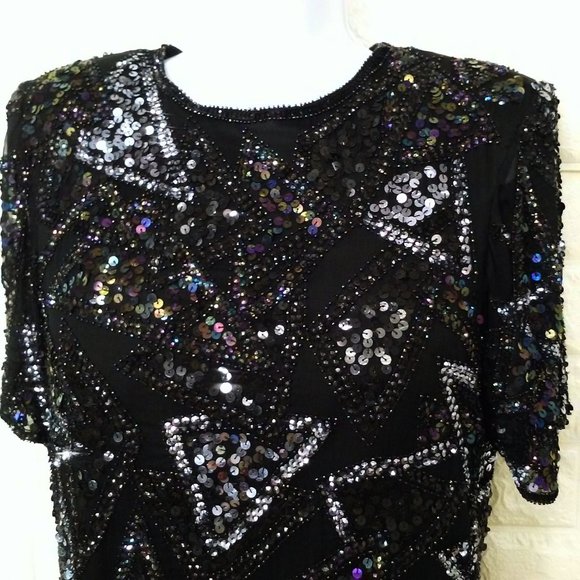 Vintage 80s Silk Sequin Beaded Crew-T Top Lady-M Keyhole SSL Bling Glam Metallic - Picture 2 of 10